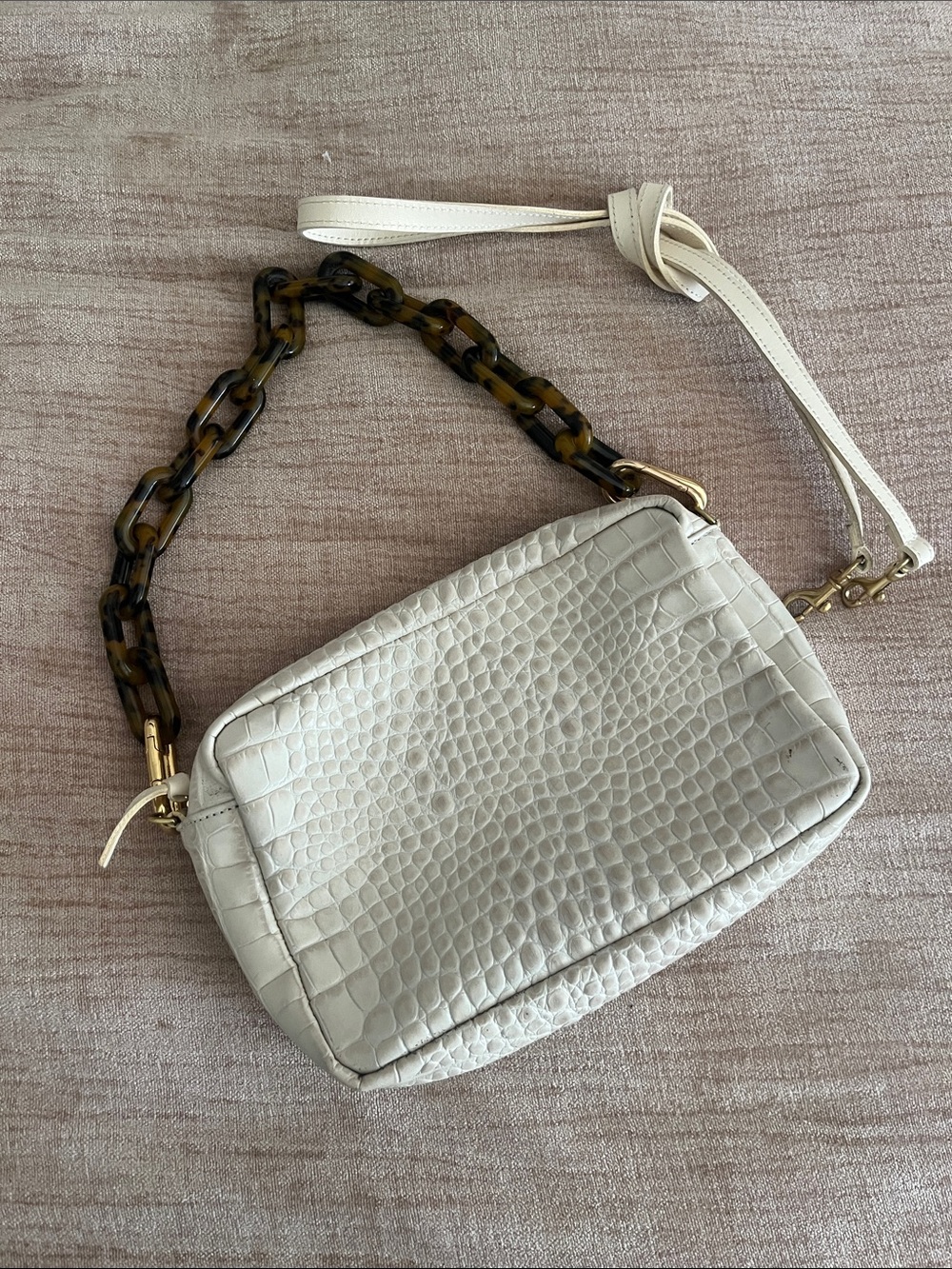 Clare V Women’s Croc-Embossed Cream Shoulder Bag with Tortoiseshell Chain